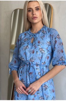 Голубое шифоновое платье миди с принтом