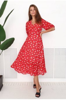 Красное яркое цветочное платье из шифона