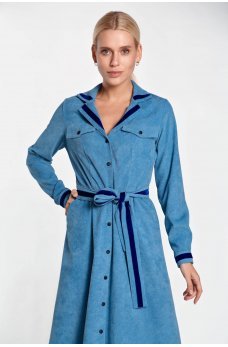 Голубое элегантное вельветовое платье-рубашка