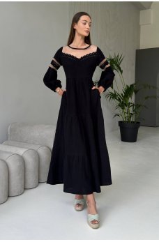 Черное шикарное длинное платье из муслина