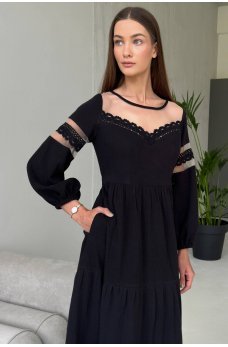 Черное шикарное длинное платье из муслина