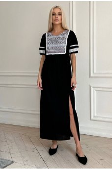 Черное шикарное платье-вышиванка макси из льна