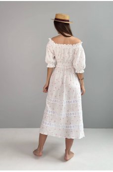 Цветочное нежное платье-миди из муслина молочного цвета