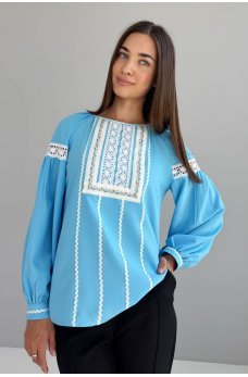 Голубая роскошная блуза с кружевной отделкой