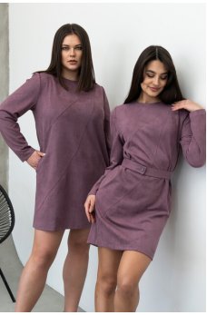 Лиловое актуальное короткое платье с поясом