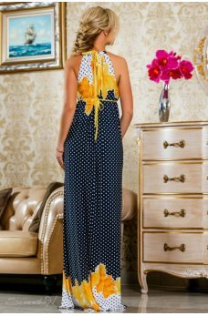 Изысканное длинное платье темно-синего цвета с ярко-желтым принтом
