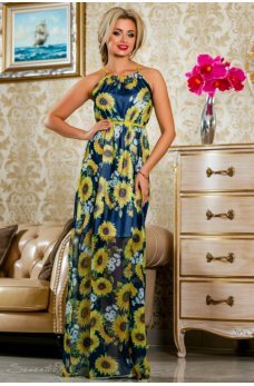 Длинное легкое платье темно-синего цвета с ярким цветочным принтом