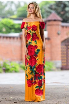 Яркое длинное платье горчичного цвета с принтом