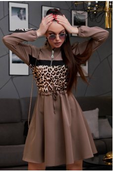 Кофейное платье на кулиске с пышной юбочкой с принтом леопард