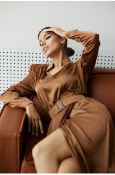 Коричневое шелковое женственное платье миди