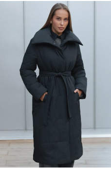 Черная зимняя теплая куртка-пальто