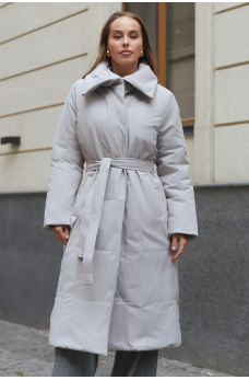 Светло-серая актуальная теплая куртка-пальто