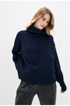 Темно-синий женский теплый свитер из пряжи