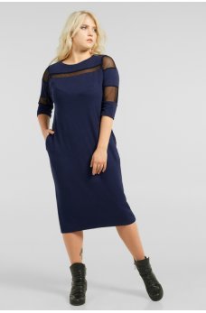 Стильное свободное платье с сеткой синее